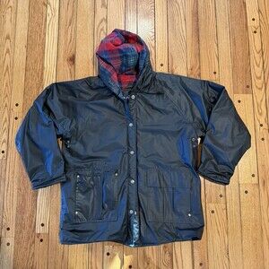 Vintage Apres Sport Flannel Lined Rain Jacket Womens M Plaid Hood PVC Coat Black